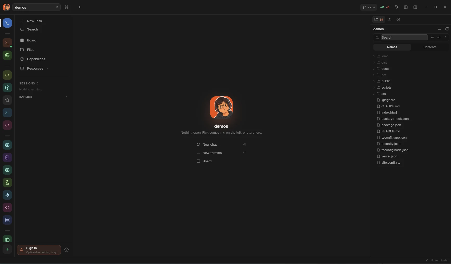 devpit with a project open: the project rail, the sidebar, the empty state and the file tree